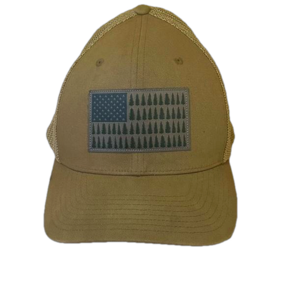 Columbia Mesh Christmas Pine Tree US Flag Ball Cap High Crown in Delta Tan Brown